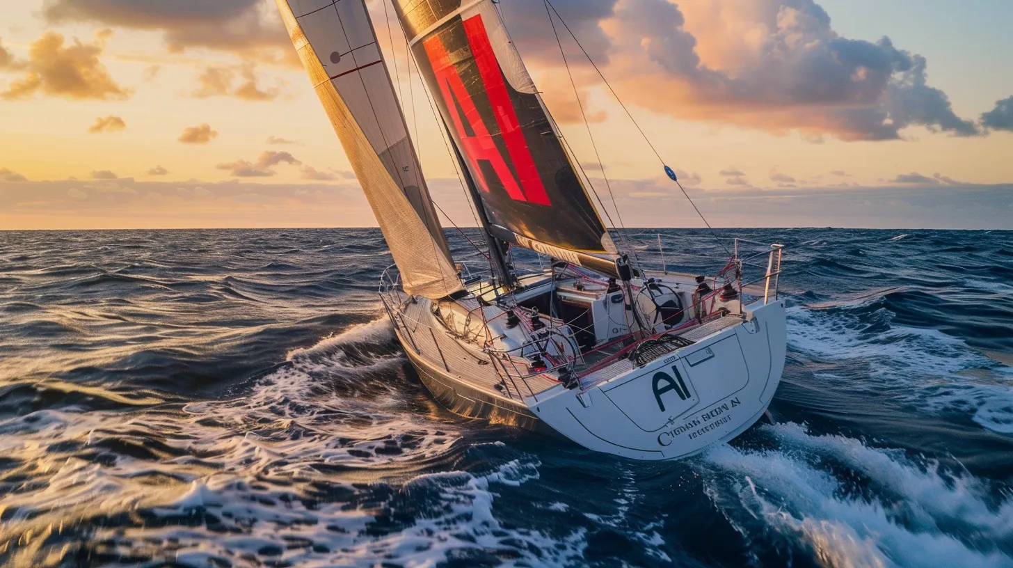 A sailing yacht with "AI" on its sails navigating choppy waters