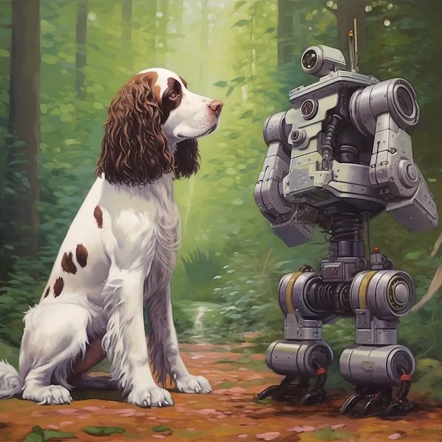 A springer spaniel facing a robot