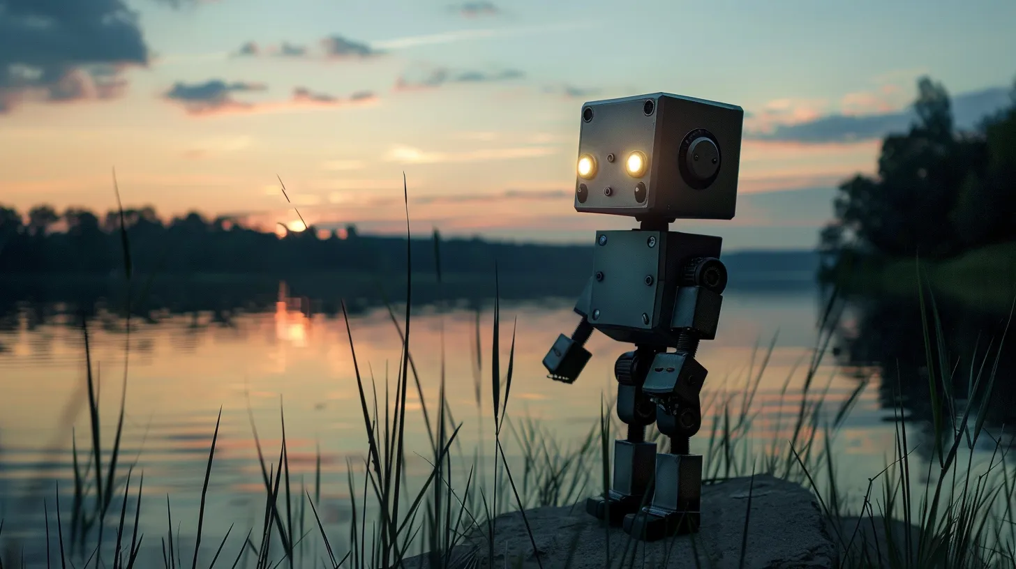 A robot standing at the edge of a lake