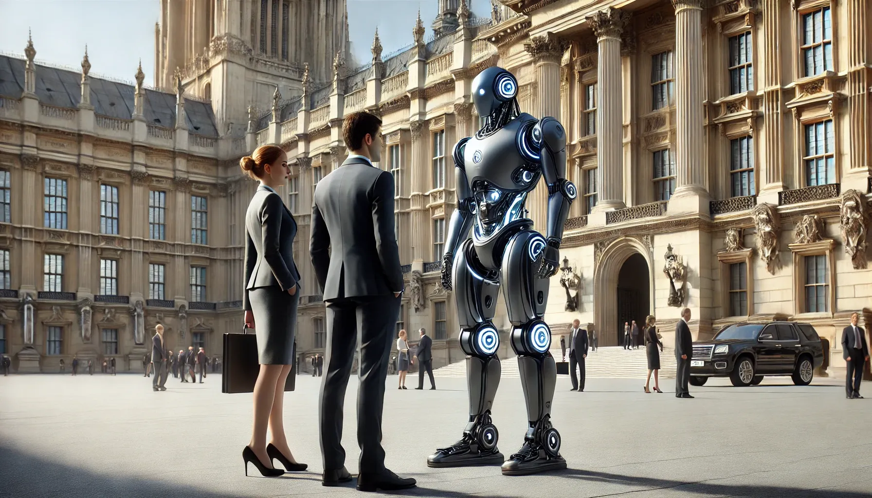 A robot meeting with people outside government buildings