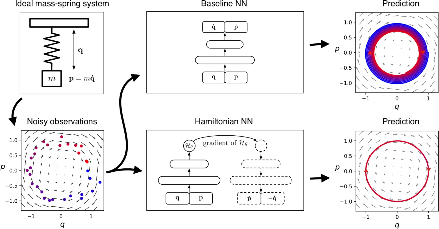 A contrast between a standard neural network and a Hamiltonian neural network